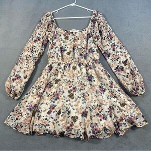 Row A Women’s Cream Floral Long Sleeve Sweetheart Dress, Lined, elastic waist, M